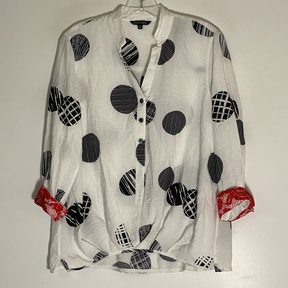 John Mark Top Womens Small White Black Polka Dot Art To Wear Artsy Pleated Boho